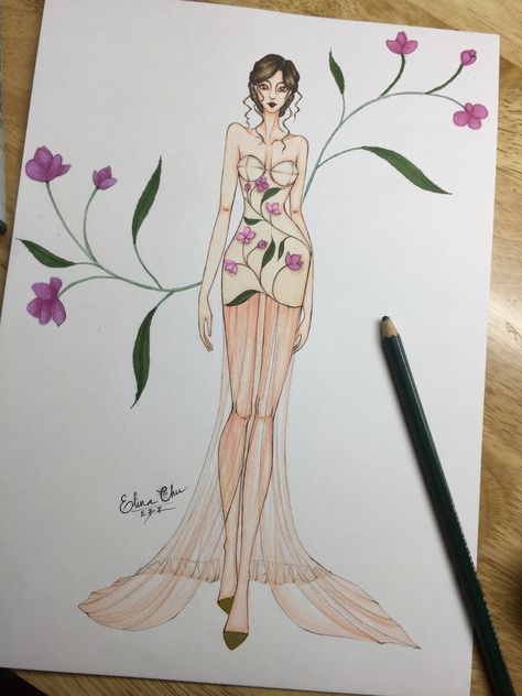 Fashion Artwork Illustration, Flower Dress Drawing Fashion Design, Flower Dress Design Drawing, Floral Dress Illustration, Flower Dress Drawing, Floral Fashion Illustration, Scarie Movie, Bride Fashion Illustration, Flower Dress Art