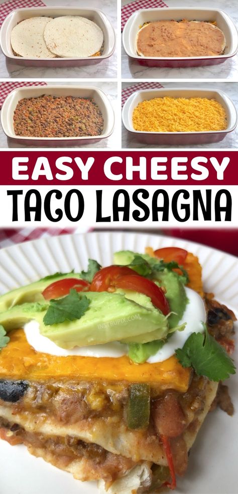 Easy Cheesy Taco Lasagna Taco Lasagne, Taco Lasagna Recipe, Taco Lasagna, Dinner Beef, Desayuno Keto, Chili Relleno, Frijoles Refritos, Dinner For One, Diner Recept