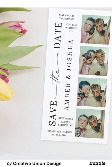 This save the date wedding invitation design features a fun photo booth style format. Easily add your four square photos (simply take 4 selfies with your phone, crop and upload!). Click the personalize button to edit the text colors and background color. Unique Save The Date Photos, Photo Booth Invitation, Wedding Save The Date With Photo, Photo Booth Wedding Invitations, Save The Date Photo Booth, Photobooth Save The Date, Wedding Save The Dates With Pictures, Fun Save The Date Ideas, Photo Booth Save The Date