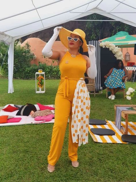 Self designed "Mustard-Yellow" jumpsuit suitable for an outdoor glamorous picnic. #PicnicDressCode Yellow Picnic Outfit, Playful Yellow Cotton Jumpsuits And Rompers, Yellow Cotton Dress For Picnic, Yellow Summer Sun Hat, One Size Fits Most, Yellow Fitted Overall Jumpsuit, Yellow Jumpsuit, Picnic Dress, Self Design, Mustard Yellow