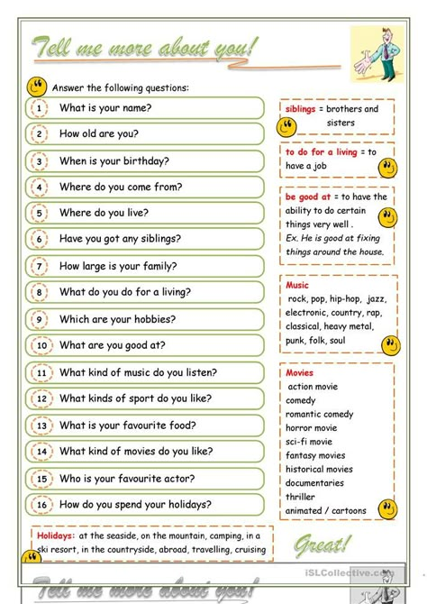 All about You - Introduce yourself - English ESL Worksheets for distance learning and physical classrooms About Myself Worksheet, Speaking Worksheet, All About Myself, Speaking Activities Esl, English Conversation For Kids, Speaking Activities English, English Teaching Materials, Simple Present, English For Beginners