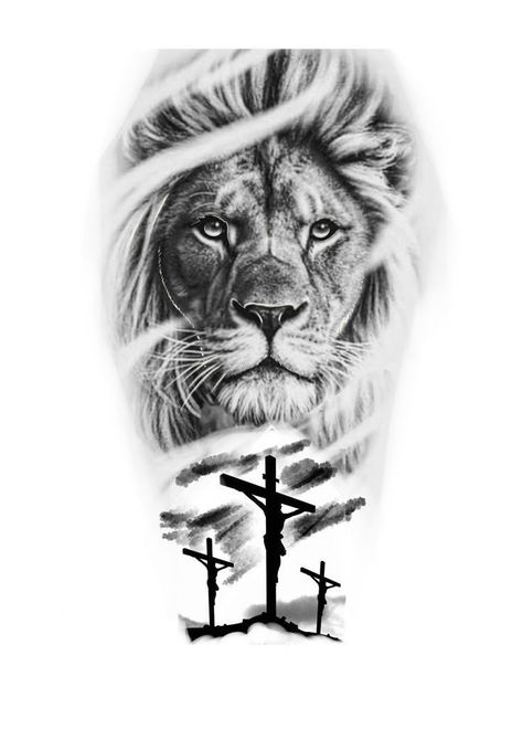 Lion Cross Tattoo Design, Lion And Cross Tattoo, Jesus Lion Tattoo, Lion Face Tattoo, Lion Leg Tattoo, Simple Lion Tattoo, Lions Tattoo, Lion Arm Tattoo, Roaring Lion Tattoo