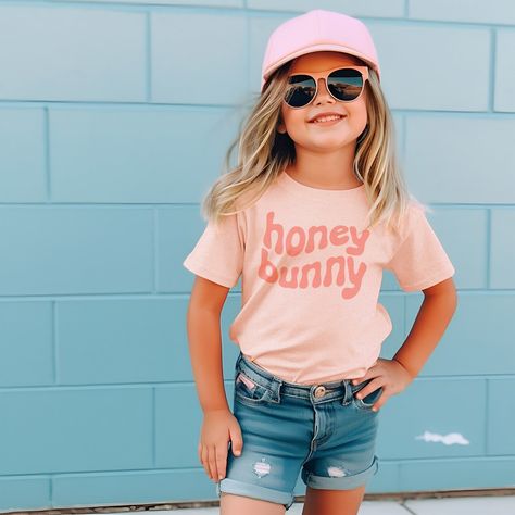 Cute Toddler Girl, Baby Easter Outfit, Wavy Text, Toddler Easter, Matching Baby, Honey Bunny, Toddler Mom, Text Print, Kids Graphic Tees