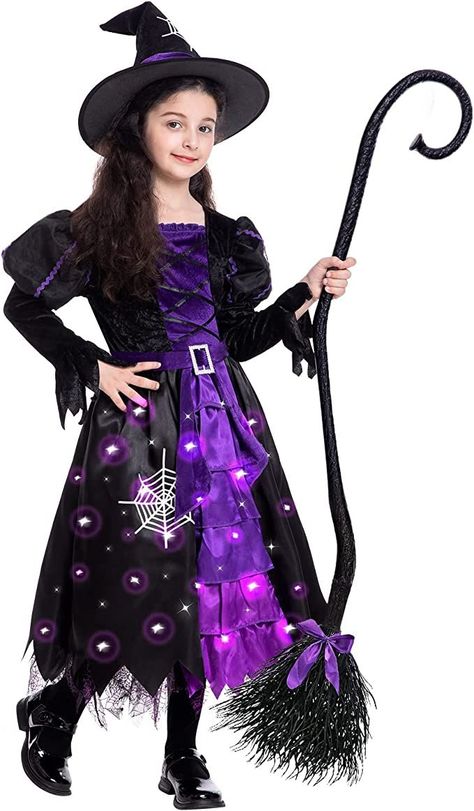 [Perfect Halloween Gifts for Girls] - This Super Value Witch Costume Pack for Girls is Not Only Perfect for Halloween Costume Contest Idea, but Also Suitable for Witch Theme Party Costumes, Carnival Cosplay, School Play Costumes, and More. Add Lots of Fun to Your Kid's Halloween Party and Other Theme Activities! Toddler Witch Costumes, Kids Witch Costume, Light Up Dresses, Halloween Costume Mask, Diy Halloween Costumes For Kids, Witch Dress, Witch Halloween Costume, Kids Dress Up, Halloween Costume Contest