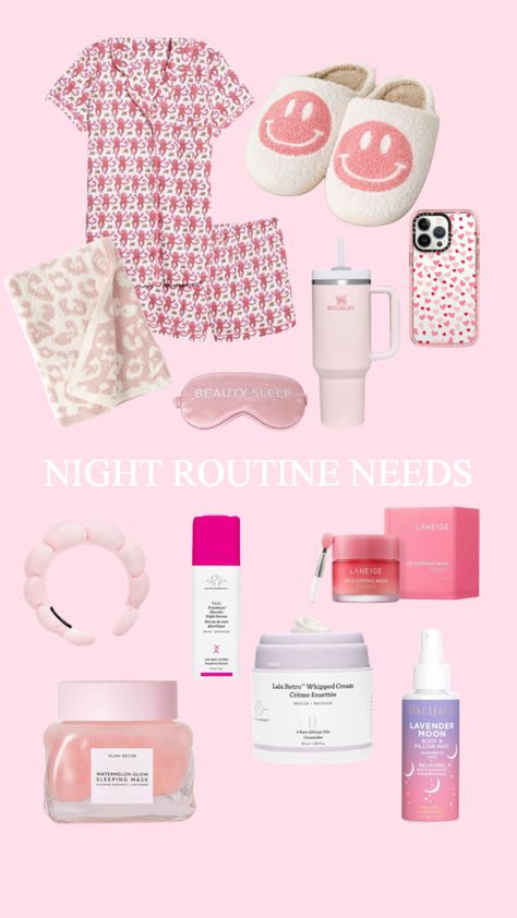 bedtime/night routine needs! #bedtime #nightroutine #nightaesthetic #nighttimeroutine #bedtime #bedtimeroutine #aesthetic #thatgirl #preppy #pink #preppyaesthetic Preppy Night Routine, Dorm House, New Routine, Preppy Inspiration, Aesthetic Backpack, Time Routine, Preppy Pink, Night Time Routine, Night Night