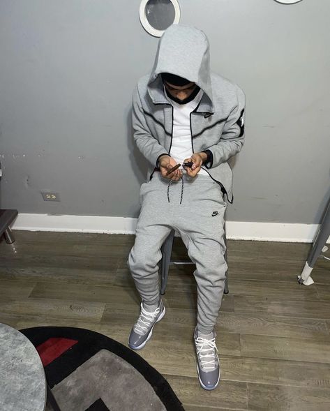 Nike Tech Fleece Outfit Men Grey, Jordan 11 Low Outfits Men, Cool Grey 11s Outfits Men, Jordan 11 Outfit Men Style, Mens Outfits Nike, Edgy Outfits Boys, Takuache Outfits Guys, Nike Tech Tracksuit, Tech Tracksuit