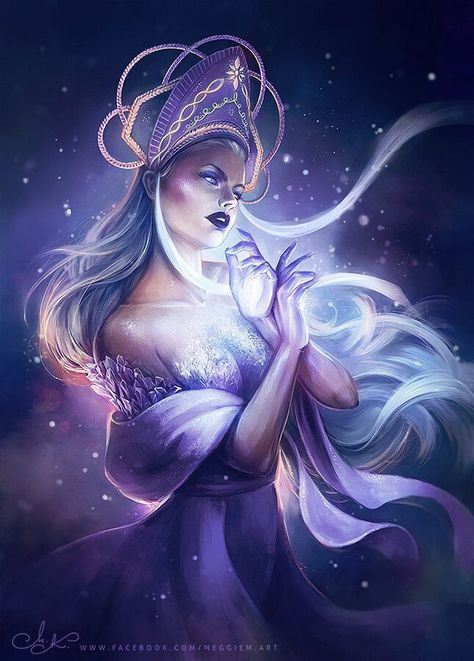 Morana Goddess Art, Vesna Slavic Goddess, Goddess Of Winter Fantasy Art, God Of Winter Fantasy Art, Star Goddess Fantasy Art, Spring Goddess Art, Winter Goddess Art, Marzanna Goddess, Celestial Art Goddesses