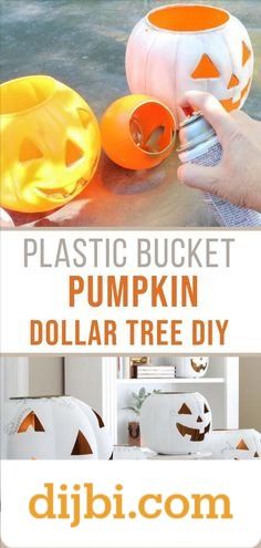 Galvanized Pumpkin Buckets, Plastic Pumpkin Centerpieces, Pumpkin Buckets Diy, Diy Pumpkin Bucket Decor, Plastic Halloween Bucket Ideas, Diy Plastic Pumpkin Makeover, Pumpkin Pail Diy, Plastic Pumpkin Painting Ideas, Spray Paint Plastic Pumpkins