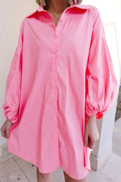 US$ 12.19 Drop-shipping Bright Pink Balloon Sleeve Button Up Mini Shirt Dress for Women Classic Shirt Dress, Balloon Sleeve Dress, Solid Color Dress, Pink Balloons, Shirt Dress Style, Bishop Sleeve, Mini Shirt Dress, Spring Wardrobe, Solid Dress