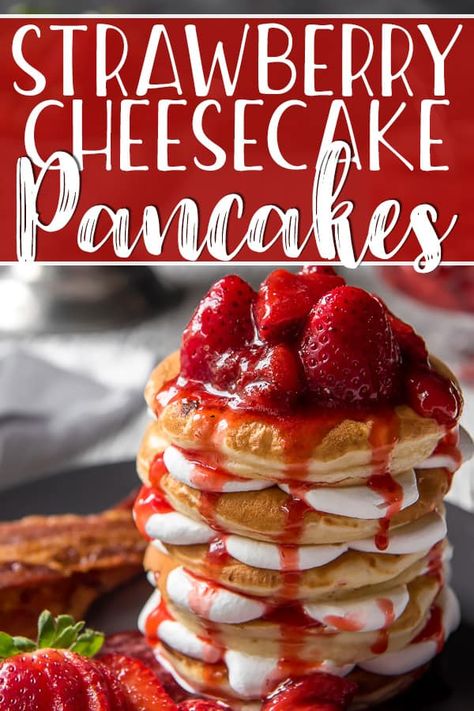 Why not have breakfast and dessert on one plate with a batch of these Strawberry Cheesecake Pancakes! Fluffy cream cheese-stuffed pancakes, whipped cream, and homemade strawberry sauce - they totally blow any restaurant version out of the water with their decadence! Cheesecake Stuffed Pancakes Recipe, Breakfast Recipes Restaurant, Strawberry Cheesecake Crepes, Ihop Cheesecake Pancakes, Cheesecake Filling For Pancakes, Cracker Barrel Strawberry Cheesecake Pancakes, Cracker Barrel Stuffed Cheesecake Pancakes, Ihop Strawberry Cheesecake Pancakes, Strawberry Cheesecake Pancakes Easy