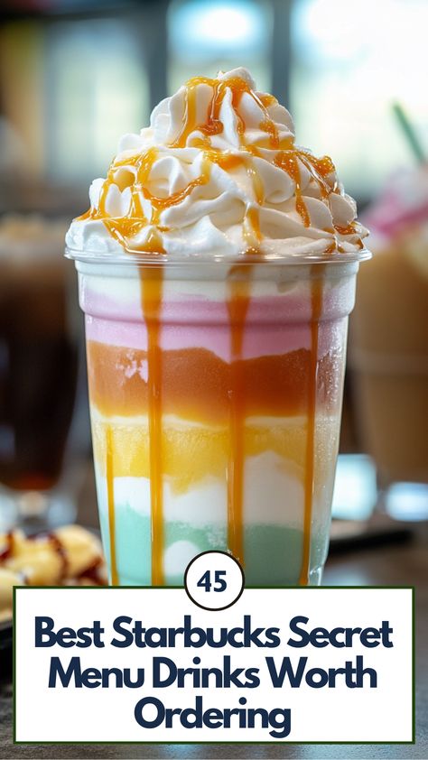 Image of a Starbucks secret menu drink with a colorful, layered frappuccino topped with whipped cream and a drizzle of caramel. The drink is placed on a Starbucks table, showcasing unique flavor combinations and vibrant colors that invite adventurous coffee lovers to explore new menu options. Starbucks Drinks Menu Coffee, Starbucks Hot Drinks To Order, Starbucks Secret Drinks, Chocolate Coffee Drinks, Butterbeer Frappuccino, Starbucks Food, Pumpkin Spice Frappuccino, Caramel Drinks, Starbucks Drink Menu