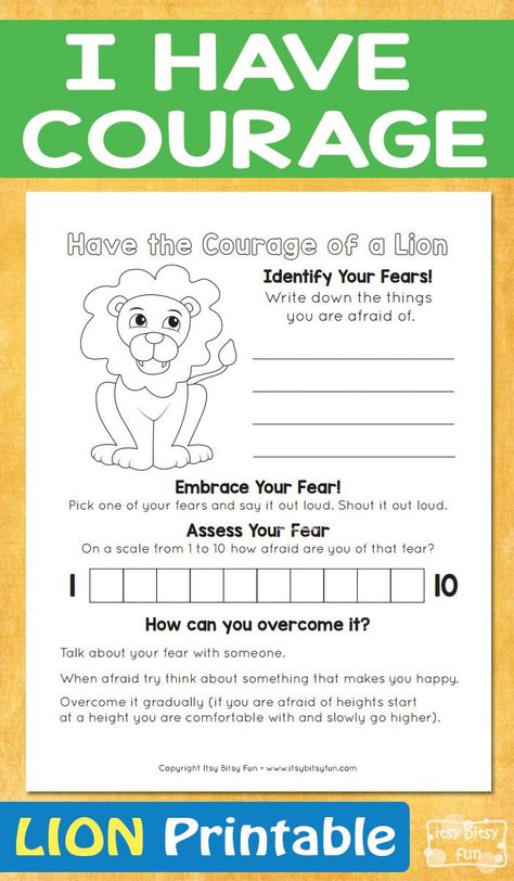 I Have Courage - Lion Printable Courage Worksheet, Books Kindergarten, Lion Printable, Terry Fox, Character Lessons, Counseling Tools, Social Skills Lessons, School Counseling Lessons, Social Emotional Activities