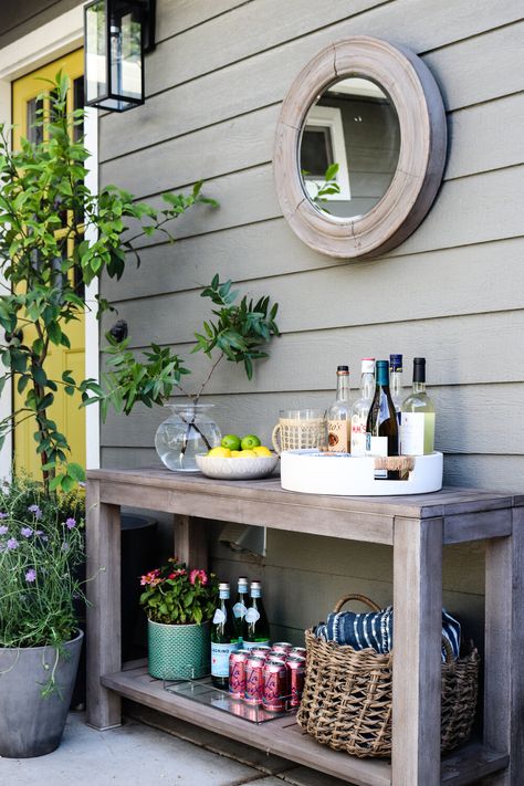 How to Create a Beautiful Patio for Summer — Katrina Blair | Interior Design | Small Home Style | Modern LivingKatrina Blair Porch Console Table Decor, Cozy Outdoor Living Space, Outdoor Bar Styling, Deck Styling, Tiny Deck, Back Patio Decorating Ideas, Summer Patio Decor, Patio Table Decor, Outdoor Console Table