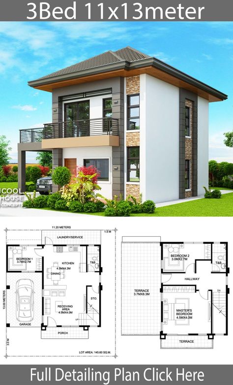 House Design 11x13m With 3 Bedrooms - Home Design With Plansearch Philippines House Design, Philippine Houses, Two Story House Design, 2 Storey House Design, Two Story House, Simple House Design, House Plan Gallery, Simple House Plans, House Construction Plan