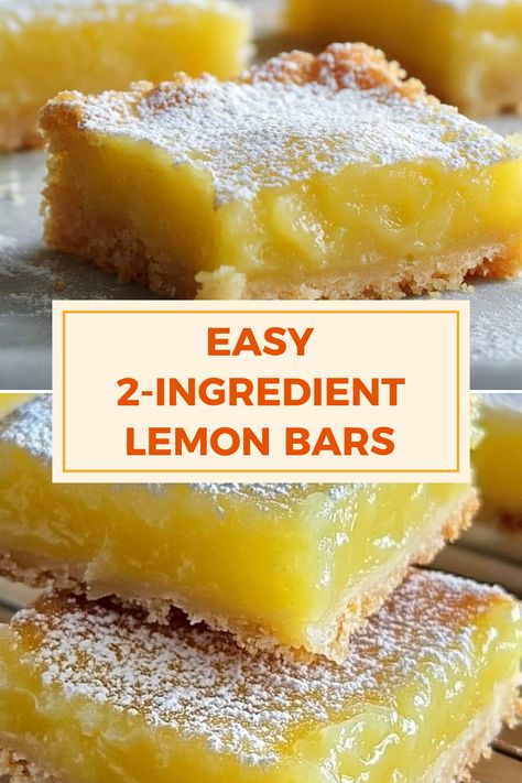 These Easy 2-Ingredient Lemon Bars are a simple and delicious dessert using just angel food cake mix and lemon pie filling. Pin features 2 images, showcasing the refreshing lemon dessert that is quick and perfect for any occasion. Fresh Lemon Ideas, 2 Ingredient Lemon Bars Recipe, Lemon Pie Filling Bars, What Can I Make With Lemon Pie Filling, Two Ingredient Lemon Bars, What To Make With Lemon Pie Filling, Desserts With Lemon Pie Filling, Angel Food Cake Lemon Bars, 2 Ingredient Bars