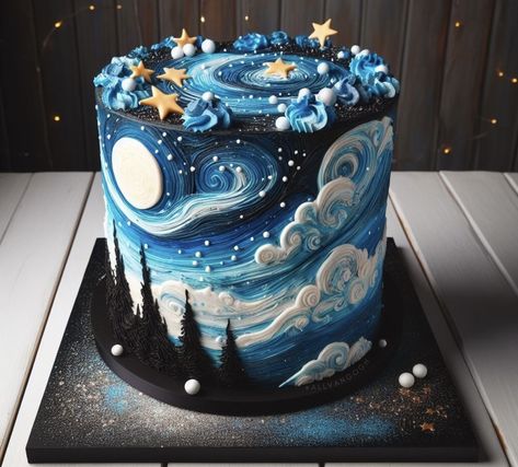 Starry Night Cakes, Starry Night Birthday Cake, Gothic Baking, Van Gogh Cake, Starry Night Birthday, Starry Night Cake, Gogh Cake, Chocolate Birthday Cake Decoration, Cake Designs For Boy