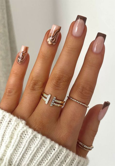 Marble nails, Trendy Fall Nails, autumn nails, autumn nail designs, fall color nails Brown And Beige Nail Designs, Brown And Cream Nails, Fall Color Nails, Autumn Nail Designs, Beige Nails Design, Trendy Fall Nails, Berry Nails, Fall Nail Inspo, Thanksgiving Nail Art