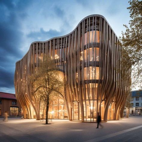 Timber Building Concept Timber Buildings Architecture, Mass Timber Architecture, Organic Facade, Architecture Massing, Interesting Facade, Organic Building, Arch Building, Timber Architecture, Public Space Design