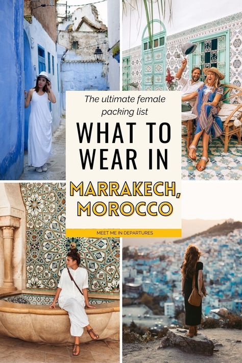 Find out how to dress in Marrakech as a female traveler. Learn the essentials for staying cool and looking chic in this fascinating city. what to Wear in Morocco for women | What to Wear in Morocco | How to dress in Morocco | Morocco outfits | Morocco travel outfit | Morocco packing list women | Morocco packing guide | Packing for Morocco | marrakech morocco packing list | morocco travel outfit packing tips | Marrakech packing list | Marrakech outfit Marrakech Outfit Travel, Moroccan Travel Outfit, Morocco Inspired Outfit, Morocco Fashion Woman, Morroco Vacation Outfits, Marrakesh Outfit Winter, Packing Morocco, How To Dress In Morocco, Trip To Morocco