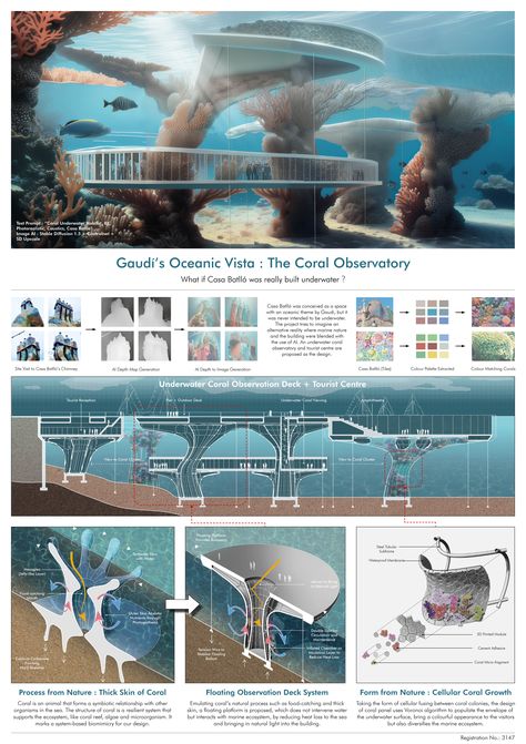 Project by Ka Chun (Tom) Chan – Honorable Mention in AI + Biomimicry Competition organized by NEA Competitions! #NEA #AIBiomimicry #winners #results #architecture #architecturecompetition #architecturestudent #competition #architectureproject #youngarchitects #archdaily #competitionsarchi #architectureboards #projectboards Ocean Architecture Concept, Biome Architecture, Biometric Architecture, Biomimicry Architecture Concept, Architecture Concept Board, Architectural Concept Board, Exhibition Panel Design, Bionic Architecture, Moodboard Architecture