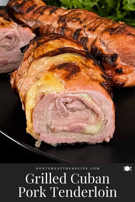 Try this delicious Grilled Cuban Pork Tenderloin Roulade with ham and Swiss cheese, marinated in citrus and spices, perfect for any meal or a tasty Cuban sandwich! Pork Tenderloin Roulade, Cuban Pork Tenderloin, Pork Roulade, Stick Of Butter Rice, Cuban Pork, Ham And Swiss, Grilled Pork Tenderloin, Cuban Sandwich, Grilled Seafood