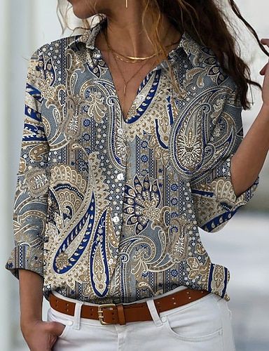 Fashion Tops Blouse Style, Winter Blouses, Fall Blouse, Vintage Paisley, Shirts Women Fashion, Long Sleeve Tops Casual, Vintage Blouse, Moda Vintage, Basic Shirts