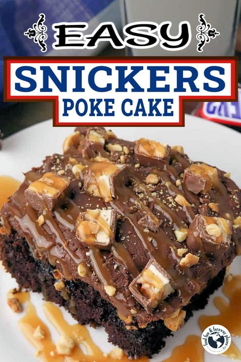 This easy snickers poke cake recipe is a rich chocolate cake drizzled in gooey caramel, covered in chocolate frosting, and sprinkled with peanuts and chopped Snickers. What could be more delicious? Snicker Poke Cake, Snickers Poke Cake Recipe, Easy Snickers Cake, The Most Amazing Chocolate Cake Recipe, Snicker Cake Recipe, Snickers Dessert Recipes, Poke Cakes Recipes, Cabin Treats, Snicker Cake