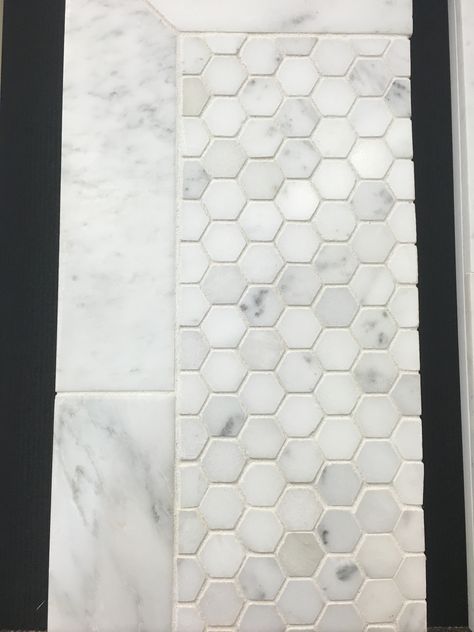 Hexagon marble floor - Master Bathroom Marble Floors In Bathroom, White Bathroom Flooring Ideas, Hexagon Marble Floor, Carrera Marble Bathroom Floor, Turret Bathroom, White Marble Hexagon Tile Bathroom, Marble Hexagon Tile Bathroom, Hex Marble Tile Bathroom, Marble Honeycomb Tile Bathroom