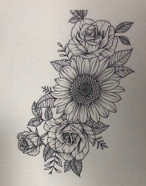 Sunflower Rose Drawing, Tattoo Ideas Female Back Of Arm, Rose And Sunflower Tattoo, Sunflower And Rose Tattoo, Rose And Sunflower, Grace Tattoos, Sunflower Tattoo Sleeve, Sunflower Tattoo Shoulder, Rose Drawing Tattoo