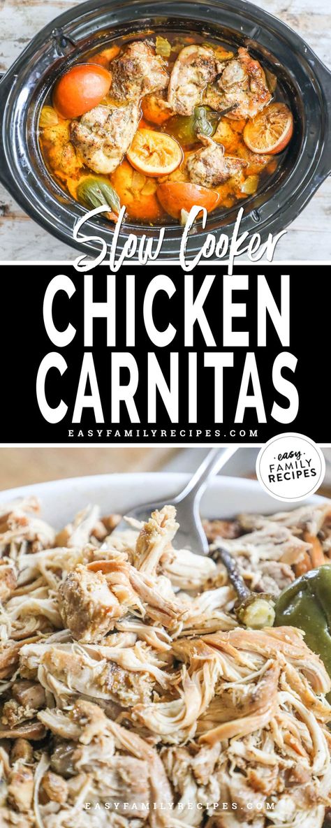 This delicious Chicken Carnitas recipe is the perfect easy weeknight meal. Juicy chicken thighs are seasoned generously with the all the best Mexican spices, then slow cooked with onion, jalapeño, and citrus until fall-apart tender. This crockpot meal is packed with flavor and is a hit with everyone! Serve this flavorful chicken with your favorite Mexican-inspired side dishes, then use the leftovers in tacos, casseroles, soups, you name it. Chicken Carnitas, Chicken Instapot, Slow Cooker Shredded Chicken, Carnitas Recipe, Crockpot Dishes, Crock Pot Slow Cooker, Crockpot Recipes Slow Cooker, Instapot Recipes, Crock Pot Cooking