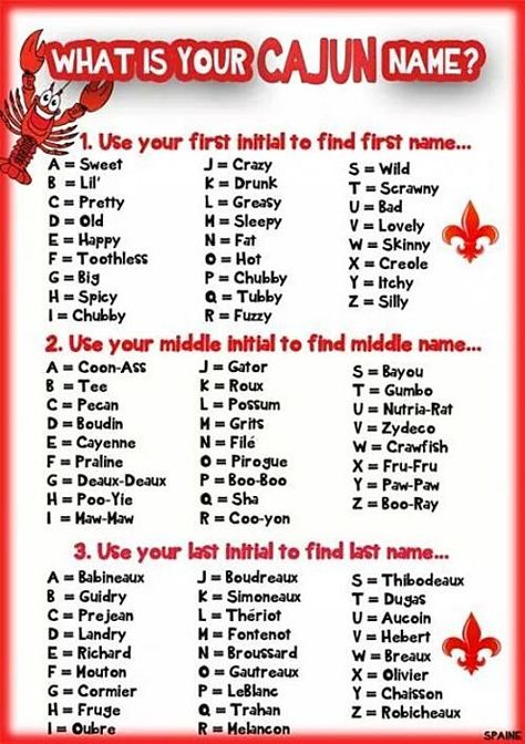 Cajun Names, Crawfish Boil Party Decorations, Funny Name Generator, Crawfish Party, Seafood Boil Party, Crawfish Boil Party, Cajun French, Mardi Gras Crafts, Louisiana Cajun