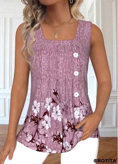 ROTITA Button Floral Print Dark Reddish Purple Sleeveless Tank Top | Rotita.com - USD $29.98 Elegant Dresses Plus Size, Beach Bridesmaid Dresses, Reddish Purple, Boutique Style Outfits, Trendy Tops For Women, Plaid Outfits, Cute Summer Outfits, Plus Size Swimwear, Cardigan Tops