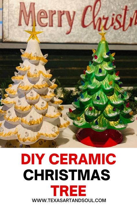 Painted Ceramic Christmas Trees Pin for Pinterest Retro Ceramic Christmas Tree, Ceramic Christmas Trees Diy, Painting Ceramic Christmas Tree, Ceramic Trees Christmas, Vintage Ceramic Christmas Trees, Ceramic Tree Painting Ideas, Painted Ceramic Christmas Trees, Diy Ceramic Christmas Tree, Ceramic Christmas Tree Painting Ideas