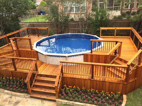 Multi Level Deck, Pool Deck Plans, Best Above Ground Pool, Swimming Pool Decks, Above Ground Pools, Above Ground Pool Landscaping, Ground Pools, Above Ground Pool Decks, Backyard Pool Landscaping