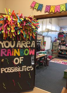 Create a bright and welcoming door with this tutorial. // Blog by Glitter and Glue 4 K-2 Rainbow Classroom Door Ideas, Welcome Door Classroom, Back To School Door Decorations, Back To School Door, Classroom Door Ideas, Rainbow Of Possibilities, Rainbow Door, Bright Classroom, Class Door