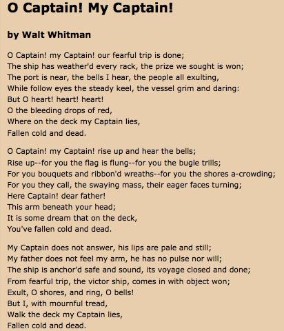 O Captain! My Captain! by Walt Whitman Oh Captain My Captain Poem, Beliefs Quotes, Walt Whitman Poems, O Captain My Captain, English Poem, Belief Quotes, Watch Your Words, Oh Captain My Captain, Captain My Captain