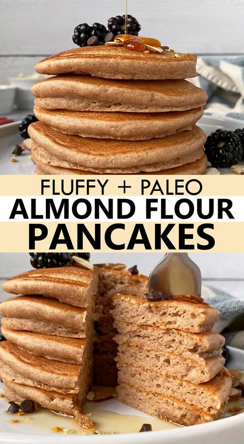 These fluffy almond flour pancakes are perfect for breakfast or brunch and easy to modify with various mix-ins.  This pancake recipe is made with almond flour and lightly sweetened with maple syrup.  Paleo, gluten free and dairy free! Almond Flour Dinner Recipes, Birch Benders Paleo Pancake Mix Recipes, Almond And Coconut Flour Recipes, Almond Pancakes Recipe, Paleo Pancake Mix Recipe, Juniper Recipes, Keto Pancakes Almond Flour, Breakfast Ideas Paleo, Pancakes Almond Flour