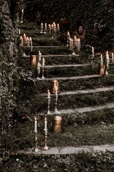 Candle Lit Staircase, Romantic Fall Wedding Bridesmaids, Enchanted Castle Wedding, Rivendell Wedding Theme, Romantic Gothic Wedding Decor, Pagan Wedding Decor, Gothic Castle Wedding, Gothic Vintage Wedding, Romantic Gothic Wedding