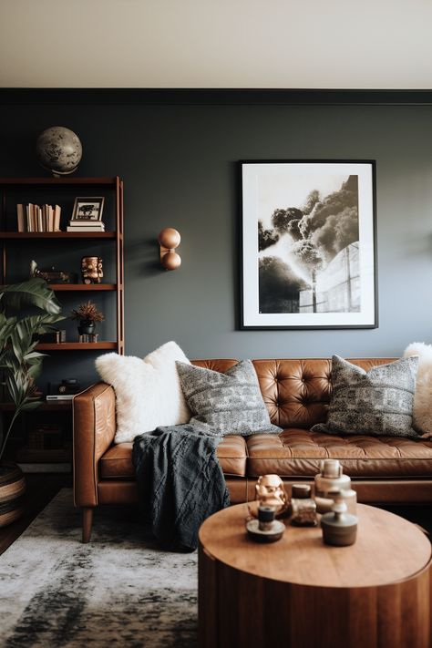 Reading Room Color Ideas, Living Room Designs Moody, Moody Den Ideas, Living Room Bachelor Pads, Den Designs Ideas, Cozy Sitting Room Ideas, Brown Leather Couches, Sitting Room Inspiration, Moody Living Room Ideas