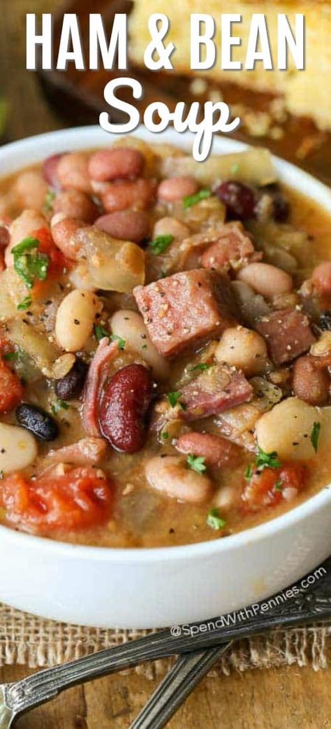 Ham and Bean Soup is one of our all time favorite foods to come home to on a chilly day. This "no-soaking required" Ham and Bean soup takes just minutes to prepare and cooks effortlessly in your Crock Pot all day long! Dinner is ready when you are! #spendwithpennies #slowcooker #crockpot #hamandbean #hamsoup #easyrecipe #easysoup #easylunch #easydinner Ham Bean Soup, Ham And Bean, Crockpot Ham, Slow Cooker Ham, Vegetarian Soup Recipes, Ham And Beans, Crock Pot Recipes, Ham And Bean Soup, Bean Soup Recipes