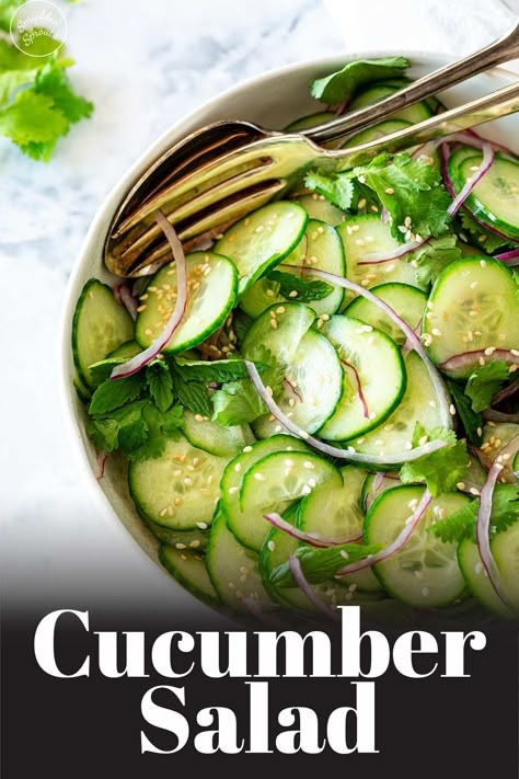 This crisp and refreshing Asian cucumber salad with red onions tossed in a tangy sesame dressing is the perfect quick and easy side dish for any meal! This salad is bursting with flavor. The tang from the rice vinegar, the nuttiness of the sesame seeds, and the fresh bite from cilantro and mint take this from being just a basic salad to something special. Add sliced chili for a bit of heat or a drizzle of honey if you like things on the sweeter side, or add crunch with some toasted peanuts. Asian Cucumber Salad With Peanut Butter, Cucumber Salad Peanut Sauce, Cucumber Asian Salad, Cold Veggie Salad, Cucumber Asian, Furikake Salmon, Vietnamese Pork Chops, Honey Chicken Breast, Basic Salad