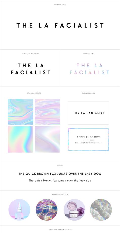 Iridescent Shiny Rainbow Brand for a Los Angeles Esthetician "The LA Facialist" by Gretchen Kamp. Fun shiny girly prism branding brand identity logo. Modern sleek minimalistic. To view more work by this designer, visit www.gretchenkamp.com #iridescent #logo Iridescent Logo Design, Moodboard Brand Identity, Holographic Brand Identity, Holographic Branding Design, Iridescent Branding, Sparkle Branding, Prism Logo, Iridescent Color Palette, Rainbow Branding