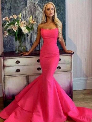 A-Line/Princess V-neck Long Sleeves Sweep/Brush Train Applique Ruched Satin Chiffon Dresses - Formal Evening Dresses - Evening Dresses - Hebeos Pink Prom Dresses Mermaid, Neon Prom Dresses, Prom Dresses Long Pink, Look Rose, Strapless Prom Dress, Gaun Fashion, 파티 드레스, Mermaid Prom Dress, Pink Mermaid