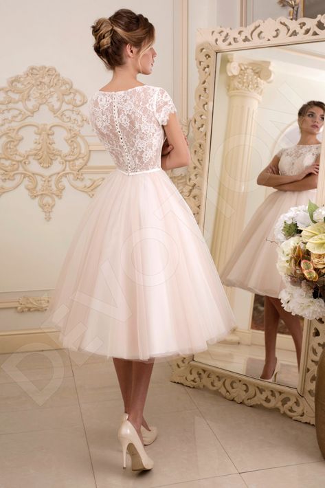 Lynn Elegant Lace Wedding dress Milk / Nude | Devotiondresses.com Registry Office Wedding Dress, Elegant Lace Wedding Dress, Wedding Dress Elegant, Wedding Dresses Cinderella, Tea Length Wedding, Tea Length Wedding Dress, Bridal Party Dresses, Vintage Classics, Vintage Inspired Wedding