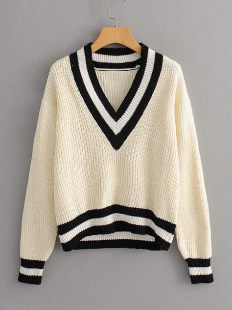 Cricket Sweater, Half Sweater, School Sweater, Striped Knitted Sweater, Smart Outfit, Beige Style, Loose Pullover, Drop Shoulder Sweaters, Plus Size Sweaters