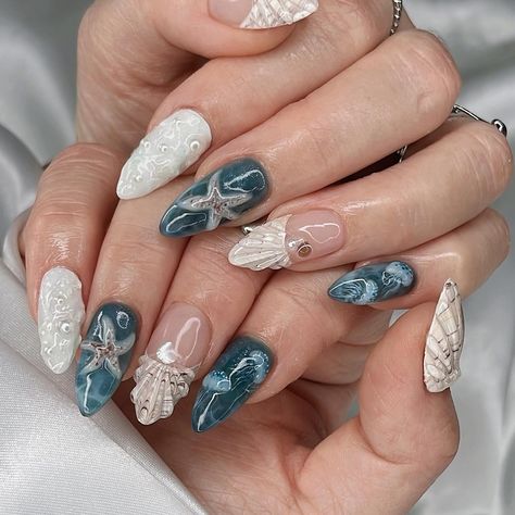 🪼Ocean Breeze 𓇼𓏲﹏ my Aug/Sep starfish x jellyfish special 🫧 Using YOGO milk jam for the 3D art @kiokonailsupply use code JANET to save $$ 🩵 #3dnails #nails2inspire #summernails #gelxnails #trendynails #naturenails #naildesign #oceannails 3d Starfish Nails, Crab Nails, Sea Inspired Nails, Ocean Themed Nails, Jellyfish Nail Art, Jellyfish Nails, Nail References, Ocean Blue Nails, Milk Jam