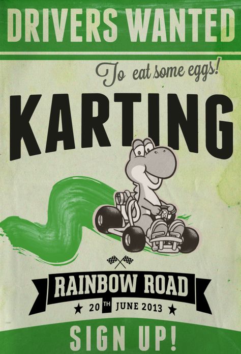 Vintage Mario Kart (Yoshi) by UnexpressiveShoujo on deviantART Mario Kart Poster, Mario Bros Characters, Indie Posters, Coconut Mall, Mod Board, Mario Kart Party, Retro Games Poster, Mises En Page Design Graphique, Peach Mario