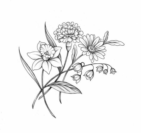 Bouquet of a daffodil, lily of the valley, daisy and carnation. Fine line illustration. Black and grey. Narcissus And Daisy Flower Tattoo, Tattoo Designs Fine Line, Narcissus Tattoo, Carnation Drawing, Birth Flower Bouquet Tattoo, Daffodil Flower Tattoos, Aster Tattoo, Marigold Tattoo, Daisy Tattoo Designs