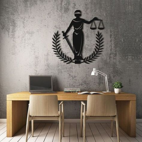 Lawyer Office Design, Justice Symbol, Law Office Design, Metal Leaf Wall Art, Law Office Decor, Lawyer Office, Office Wall Design, Tropical Wall Decor, Lady Justice