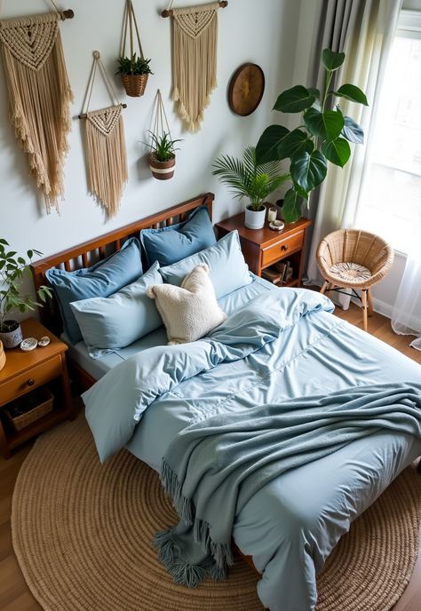 Light Blue Boho Bedroom Blue Boho Room, Boho Bedroom On A Budget, Yellow And Blue Bedroom, Light Blue Boho Bedroom, Blue Boho Bedroom Ideas, Blue Boho Bedroom, Boho Master, Diy Macramé, Bedroom On A Budget